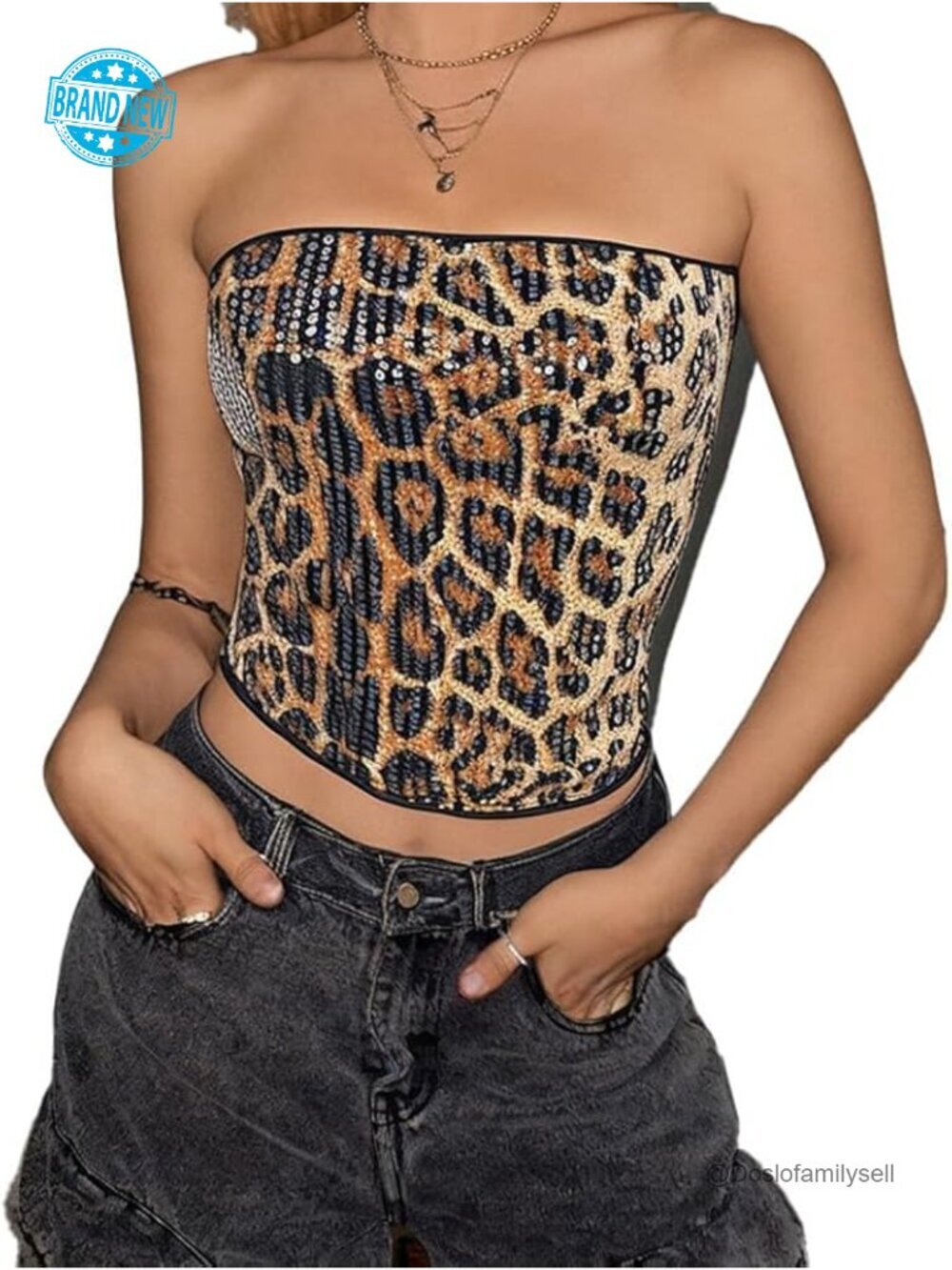 Sequin Leopard Print Tube Top Stretchy Strapless Crop Top Y2K